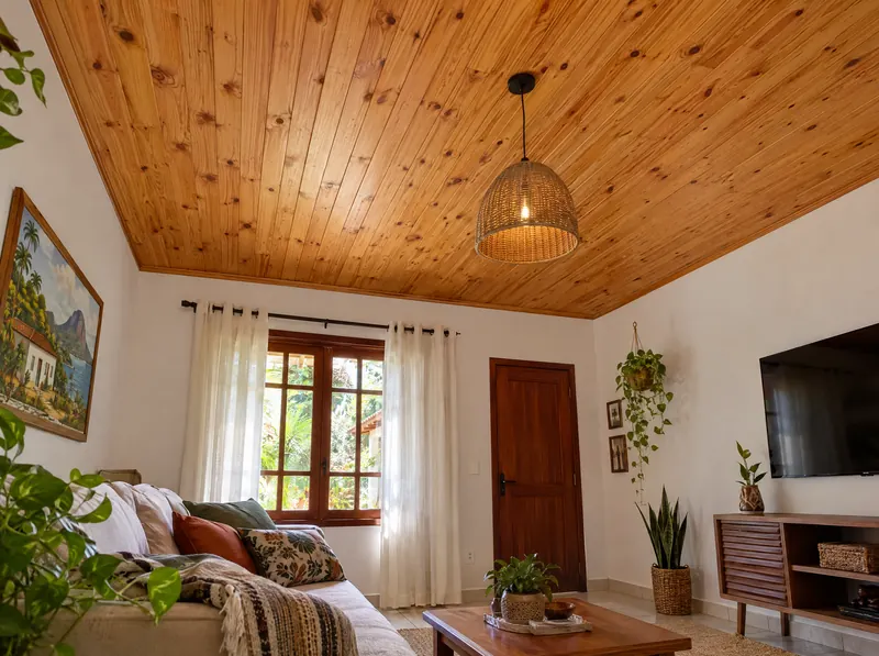 Sala com forro de madeira no teto