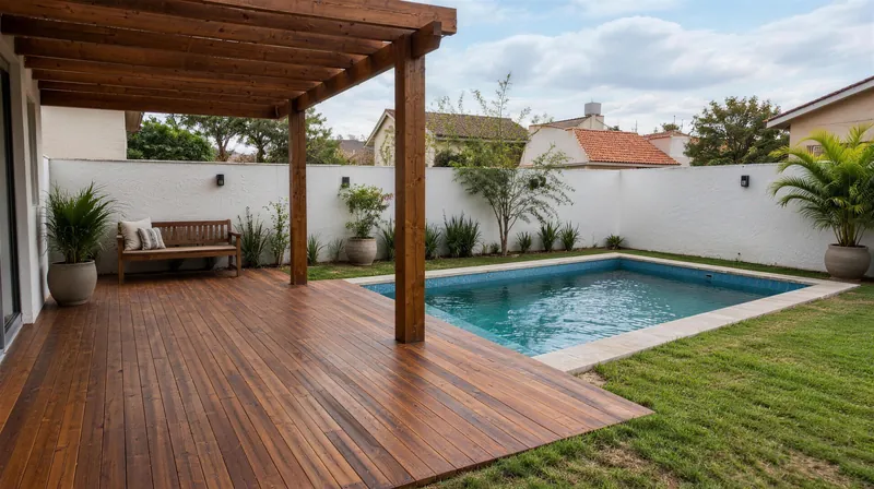 Quintal com deck de madeira, pergolado e piscina