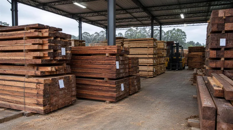 Pátio coberto da madeireira com estoque de vigas e tábuas e empilhadeira ao fundo