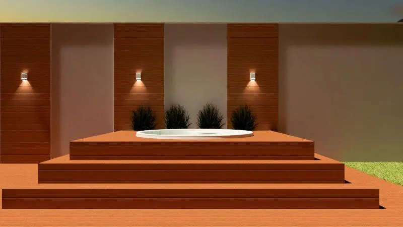 Projeto 3D de deck de madeira em degraus com spa