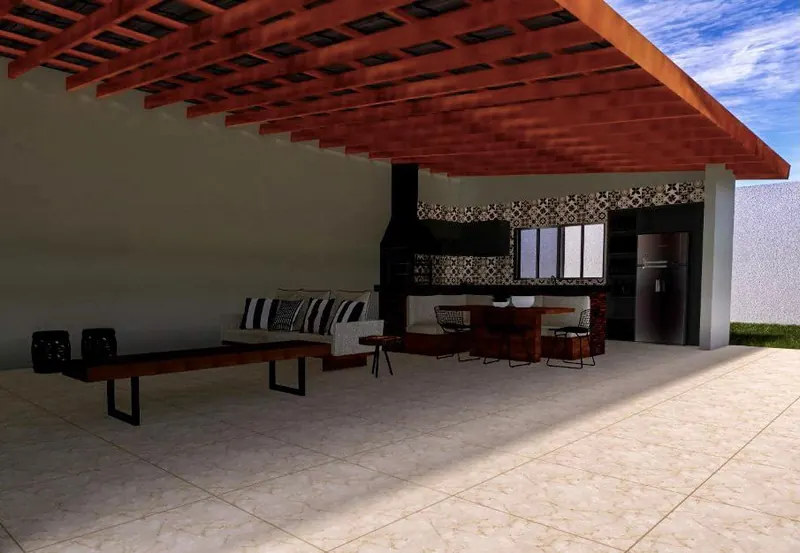 Projeto 3D de área gourmet coberta com pergolado de madeira