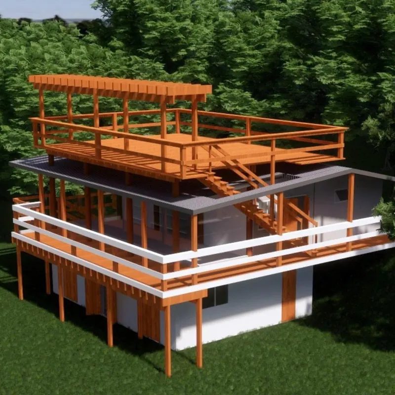 Projeto 3D de casa com deck suspenso e pergolado