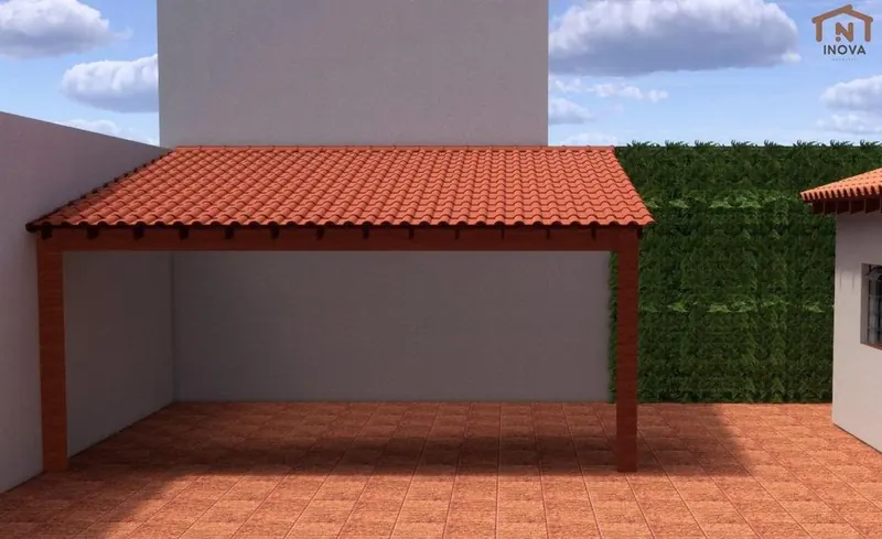 Projeto 3D de cobertura de madeira com telhado