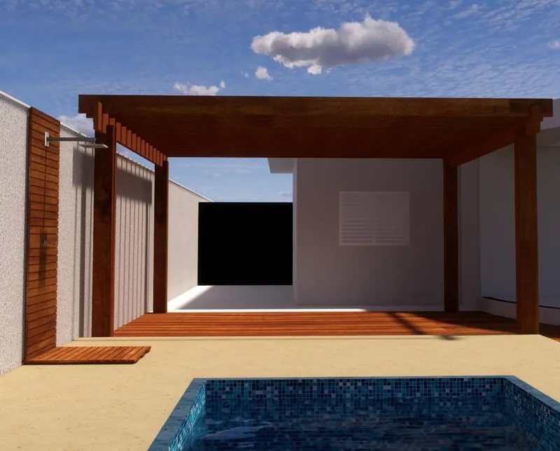 Projeto 3D de pergolado com deck e piscina