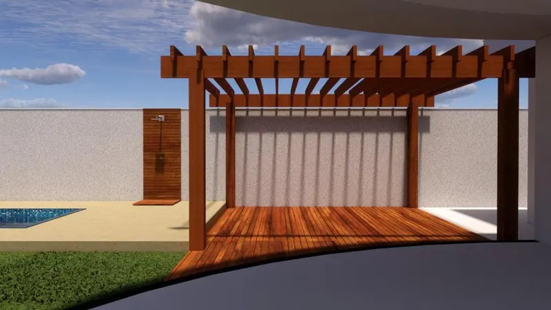 Projeto 3D de pergolado de madeira com deck no canto do quintal